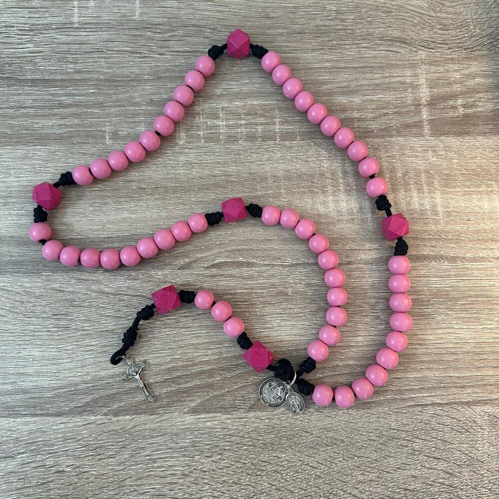 Vintage Handmade Pink Black Wooden Rosary Necklace Religious Spiritual Charms‎